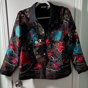 Laura Ashley Black Embroidered Jacket or Topwith Teal, Red & Pink Floral Accents